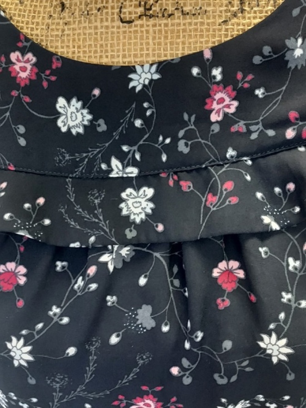 LOFT NavyFloral Petite Medium Top with Pink & White Blooms and Ruffle Trim